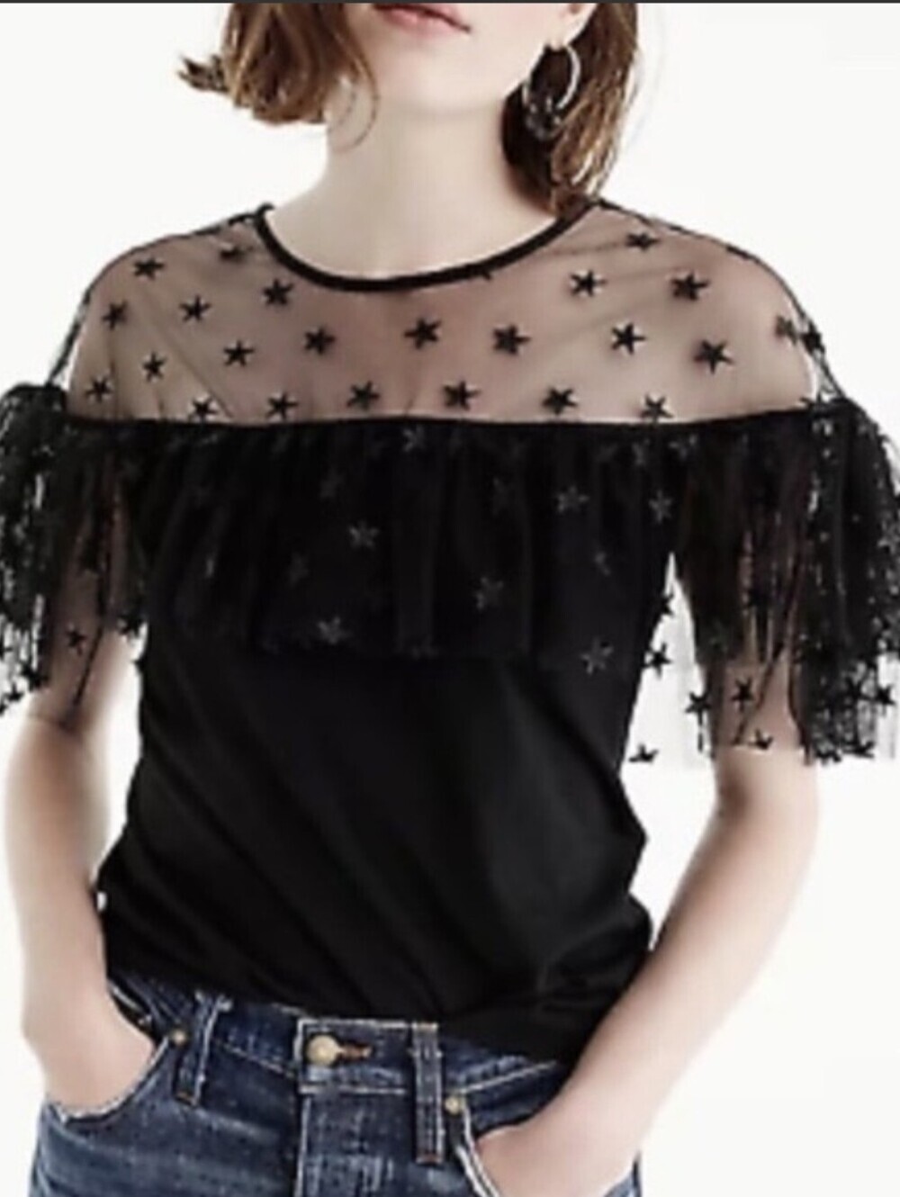 J.Crew Women's Star Mesh Yoke Ruffled Short Sleeve Black Blouse Sz M Whimsigoth